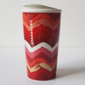 Starbucks 2014 Red Chevron Ceramic Tumbler With Lid 10 oz Coffee Tea Travel Mug